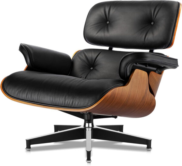 Top Black PU Leather, Mid Century Chaise Lounge Chair and Ottoman, Modern Chair Classic Design, Walnut Wood, Heavy Duty Base Support for Living Room Office