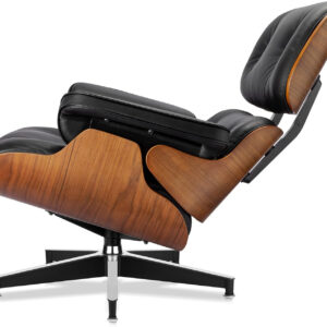 Top Black PU Leather, Mid Century Chaise Lounge Chair and Ottoman, Modern Chair Classic Design, Walnut Wood, Heavy Duty Base Support for Living Room Office