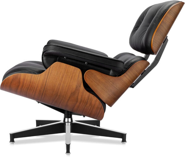 Top Black PU Leather, Mid Century Chaise Lounge Chair and Ottoman, Modern Chair Classic Design, Walnut Wood, Heavy Duty Base Support for Living Room Office