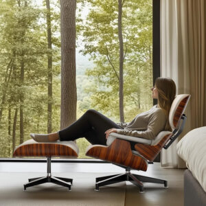 Top Black PU Leather, Mid Century Chaise Lounge Chair and Ottoman, Modern Chair Classic Design, Walnut Wood, Heavy Duty Base Support for Living Room Office