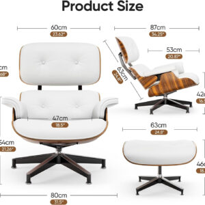 Top Black PU Leather, Mid Century Chaise Lounge Chair and Ottoman, Modern Chair Classic Design, Walnut Wood, Heavy Duty Base Support for Living Room Office