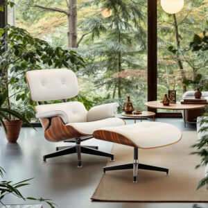 Top Black PU Leather, Mid Century Chaise Lounge Chair and Ottoman, Modern Chair Classic Design, Walnut Wood, Heavy Duty Base Support for Living Room Office