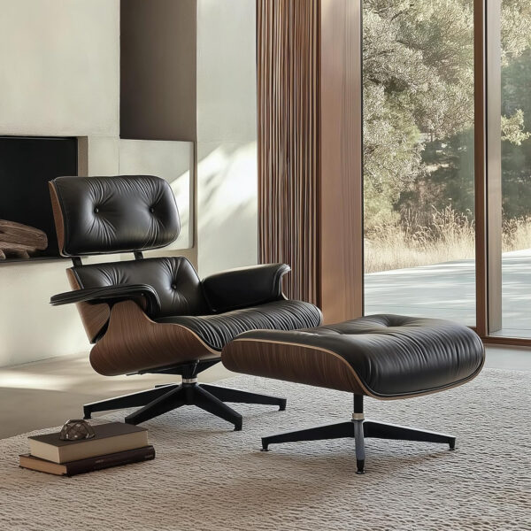 Top Black PU Leather, Mid Century Chaise Lounge Chair and Ottoman, Modern Chair Classic Design, Walnut Wood, Heavy Duty Base Support for Living Room Office