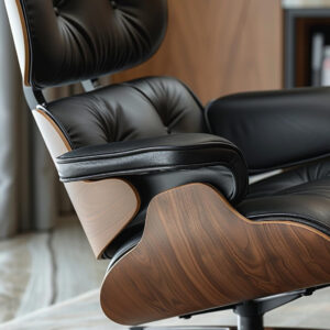 Top Black PU Leather, Mid Century Chaise Lounge Chair and Ottoman, Modern Chair Classic Design, Walnut Wood, Heavy Duty Base Support for Living Room Office