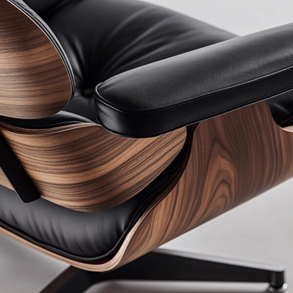 Top Black PU Leather, Mid Century Chaise Lounge Chair and Ottoman, Modern Chair Classic Design, Walnut Wood, Heavy Duty Base Support for Living Room Office