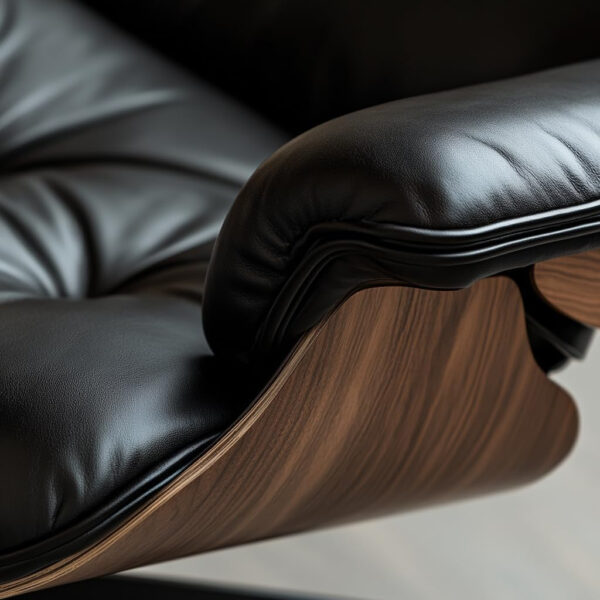 Top Black PU Leather, Mid Century Chaise Lounge Chair and Ottoman, Modern Chair Classic Design, Walnut Wood, Heavy Duty Base Support for Living Room Office