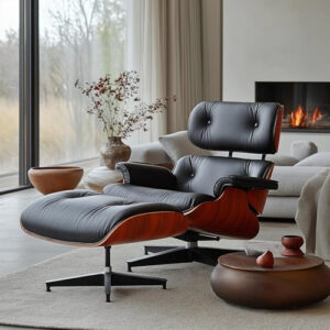 Top Black PU Leather, Mid Century Chaise Lounge Chair and Ottoman, Modern Chair Classic Design, Walnut Wood, Heavy Duty Base Support for Living Room Office