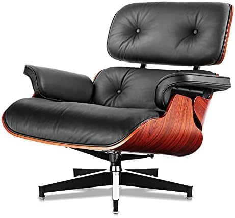 Top Black PU Leather, Mid Century Chaise Lounge Chair and Ottoman, Modern Chair Classic Design, Walnut Wood, Heavy Duty Base Support for Living Room Office