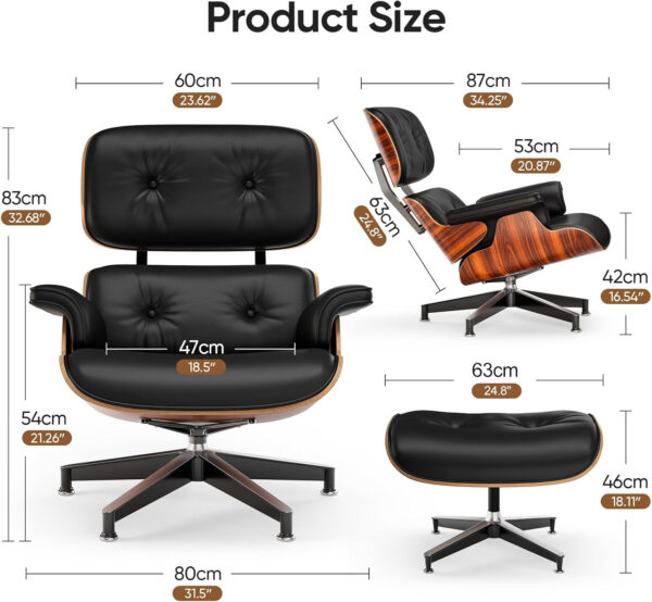 Top Black PU Leather, Mid Century Chaise Lounge Chair and Ottoman, Modern Chair Classic Design, Walnut Wood, Heavy Duty Base Support for Living Room Office