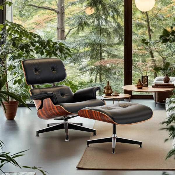 Top Black PU Leather, Mid Century Chaise Lounge Chair and Ottoman, Modern Chair Classic Design, Walnut Wood, Heavy Duty Base Support for Living Room Office