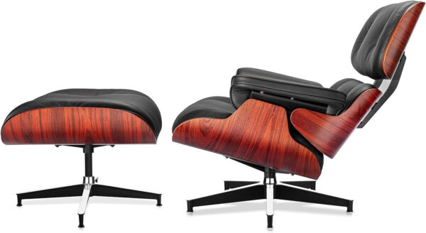 Top Black PU Leather, Mid Century Chaise Lounge Chair and Ottoman, Modern Chair Classic Design, Walnut Wood, Heavy Duty Base Support for Living Room Office