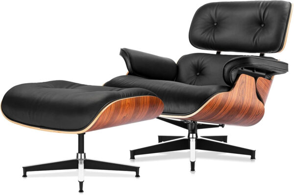 Top Black PU Leather, Mid Century Chaise Lounge Chair and Ottoman, Modern Chair Classic Design, Walnut Wood, Heavy Duty Base Support for Living Room Office