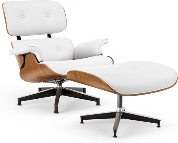 Top Black PU Leather, Mid Century Chaise Lounge Chair and Ottoman, Modern Chair Classic Design, Walnut Wood, Heavy Duty Base Support for Living Room Office