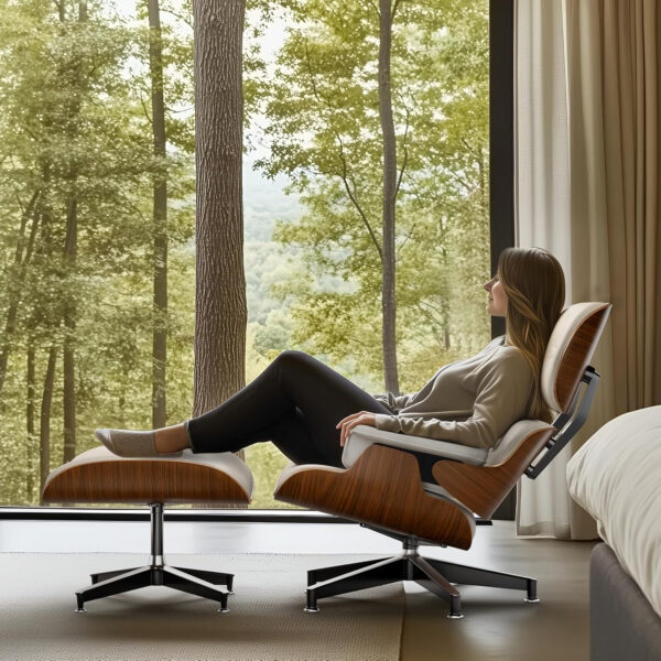 Top Black PU Leather, Mid Century Chaise Lounge Chair and Ottoman, Modern Chair Classic Design, Walnut Wood, Heavy Duty Base Support for Living Room Office