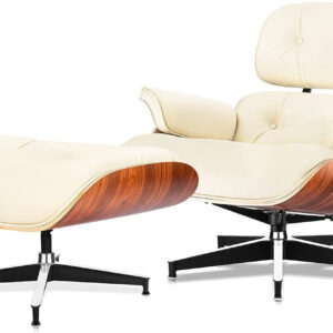 Top Black PU Leather, Mid Century Chaise Lounge Chair and Ottoman, Modern Chair Classic Design, Walnut Wood, Heavy Duty Base Support for Living Room Office