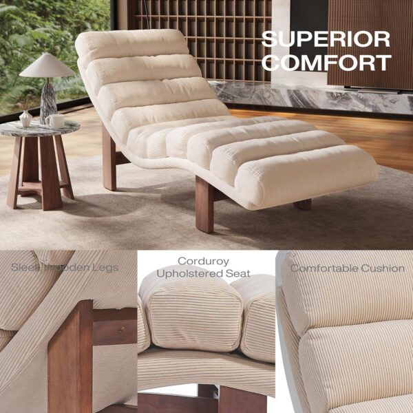 Modern Chaise Lounge Chair with Wooden Legs, Armless, Comfortable Upholstered Seat – Perfect for Living Room, Bedroom, or Office
