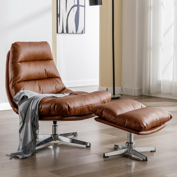 6886f26d48d9a44047ba4adc7956f3319e59c94dbf63ca0ef4510.jpg Swivel Accent Chair with Ottoman, Mid Century Modern Faux Leather Lounge Chair with footrest, Comfy Oversized Armchair with 360 Degree Metal Base for Living Room/Bedroom, Brown