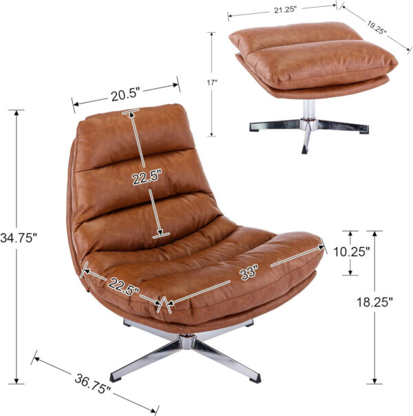 6886f26e78c803415dfaa70b7439f8faa7662923a3ddd87537c5e.jpg Swivel Accent Chair with Ottoman, Mid Century Modern Faux Leather Lounge Chair with footrest, Comfy Oversized Armchair with 360 Degree Metal Base for Living Room/Bedroom, Brown