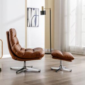 6886f26fa8f0cb94c39db8696e46992d9dc53314cc44d2020e9b5.jpg Swivel Accent Chair with Ottoman, Mid Century Modern Faux Leather Lounge Chair with footrest, Comfy Oversized Armchair with 360 Degree Metal Base for Living Room/Bedroom, Brown