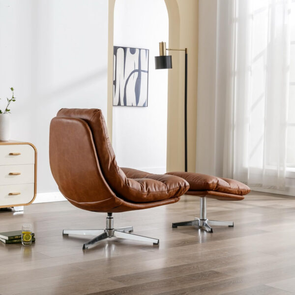 6886f274105d82bd80e5c0588b1f455831856519739d4e4521419.jpg Swivel Accent Chair with Ottoman, Mid Century Modern Faux Leather Lounge Chair with footrest, Comfy Oversized Armchair with 360 Degree Metal Base for Living Room/Bedroom, Brown