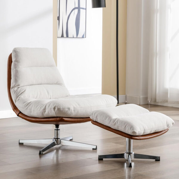6886f27521e412daec55a1a7c54f38101a1d3682d11fc945c62af.jpg Swivel Accent Chair with Ottoman, Mid Century Modern Faux Leather Lounge Chair with footrest, Comfy Oversized Armchair with 360 Degree Metal Base for Living Room/Bedroom, Brown
