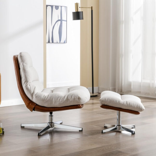 6886f2776c320db8a42c5b28448164668bd01d80eb929bc88c227.jpg Swivel Accent Chair with Ottoman, Mid Century Modern Faux Leather Lounge Chair with footrest, Comfy Oversized Armchair with 360 Degree Metal Base for Living Room/Bedroom, Brown
