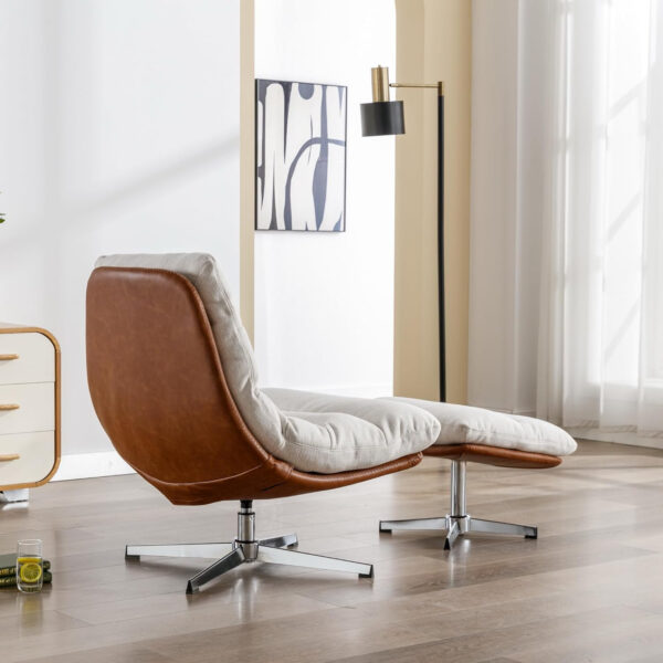 6886f27c71cc0df78935ad841fbfcf4f37dd01766664759219b15.jpg Swivel Accent Chair with Ottoman, Mid Century Modern Faux Leather Lounge Chair with footrest, Comfy Oversized Armchair with 360 Degree Metal Base for Living Room/Bedroom, Brown