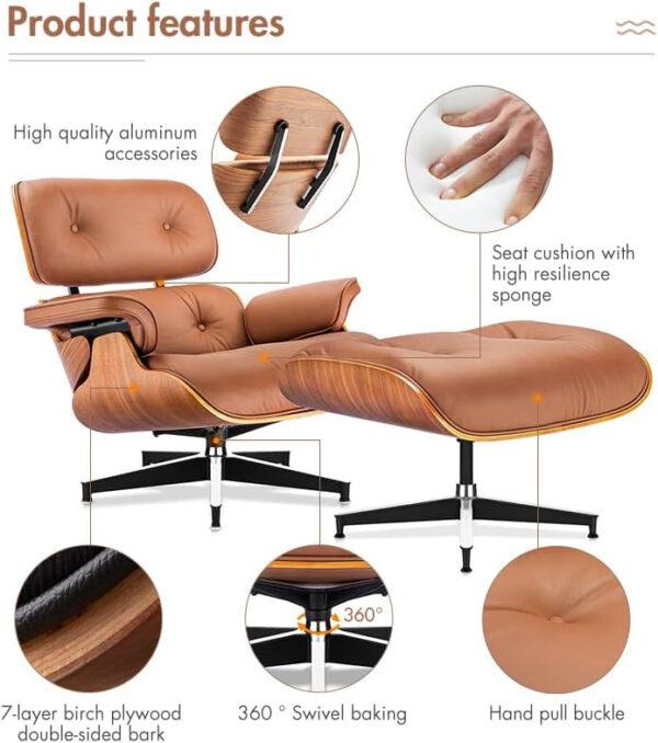 Lounge Chair with Ottoman, Mid Century Modern Office Chair, Leather Chaise Lounge Chair Indoor, Heavy Duty Base Support for Living Room Study Lounge Office (Walnut Brown, Tall)