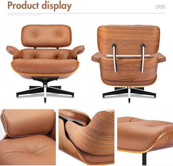 Lounge Chair with Ottoman, Mid Century Modern Office Chair, Leather Chaise Lounge Chair Indoor, Heavy Duty Base Support for Living Room Study Lounge Office (Walnut Brown, Tall)