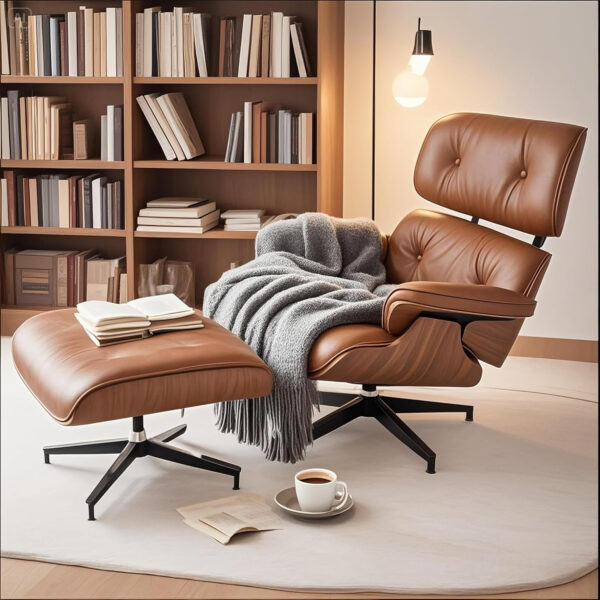 Lounge Chair with Ottoman, Mid Century Modern Office Chair, Leather Chaise Lounge Chair Indoor, Heavy Duty Base Support for Living Room Study Lounge Office (Walnut Brown, Tall)