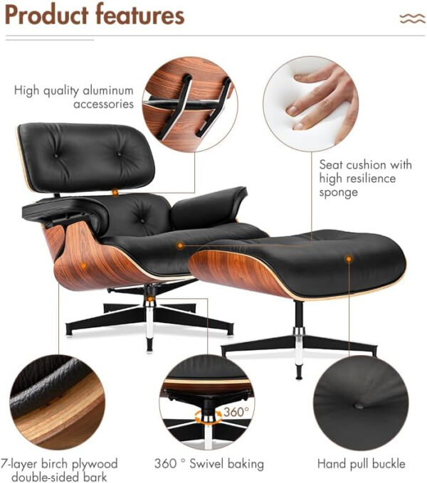 Lounge Chair with Ottoman, Mid Century Modern Office Chair, Leather Chaise Lounge Chair Indoor, Heavy Duty Base Support for Living Room Study Lounge Office (Walnut Brown, Tall)