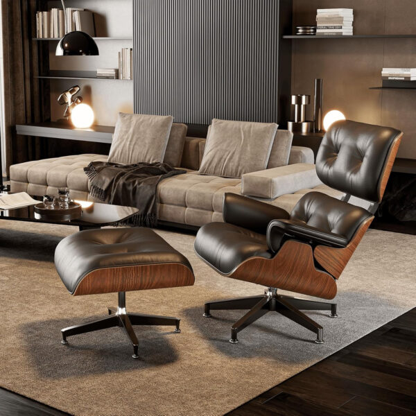 Lounge Chair with Ottoman, Mid Century Modern Office Chair, Leather Chaise Lounge Chair Indoor, Heavy Duty Base Support for Living Room Study Lounge Office (Walnut Brown, Tall)