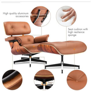 Lounge Chair with Ottoman, Mid Century Modern Office Chair, Leather Chaise Lounge Chair Indoor, Heavy Duty Base Support for Living Room Study Lounge Office (Walnut Brown, Tall)