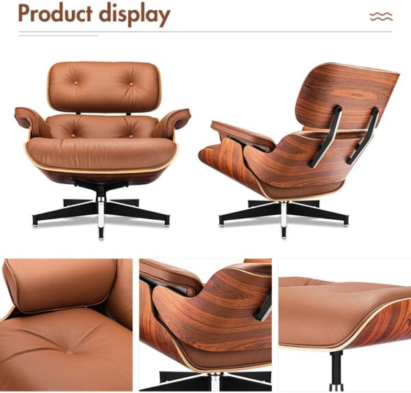 Lounge Chair with Ottoman, Mid Century Modern Office Chair, Leather Chaise Lounge Chair Indoor, Heavy Duty Base Support for Living Room Study Lounge Office (Walnut Brown, Tall)