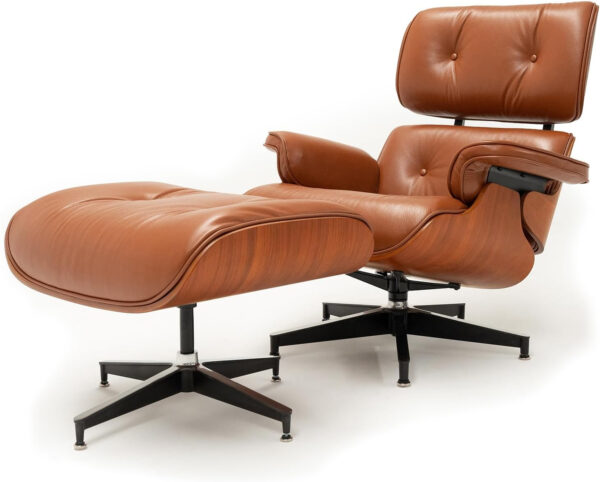 Lounge Chair with Ottoman, Mid Century Modern Office Chair, Leather Chaise Lounge Chair Indoor, Heavy Duty Base Support for Living Room Study Lounge Office (Walnut Brown, Tall)