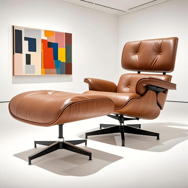 Lounge Chair with Ottoman, Mid Century Modern Office Chair, Leather Chaise Lounge Chair Indoor, Heavy Duty Base Support for Living Room Study Lounge Office (Walnut Brown, Tall)