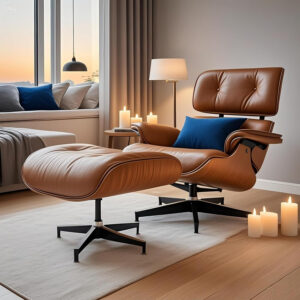 Lounge Chair with Ottoman, Mid Century Modern Office Chair, Leather Chaise Lounge Chair Indoor, Heavy Duty Base Support for Living Room Study Lounge Office (Walnut Brown, Tall)