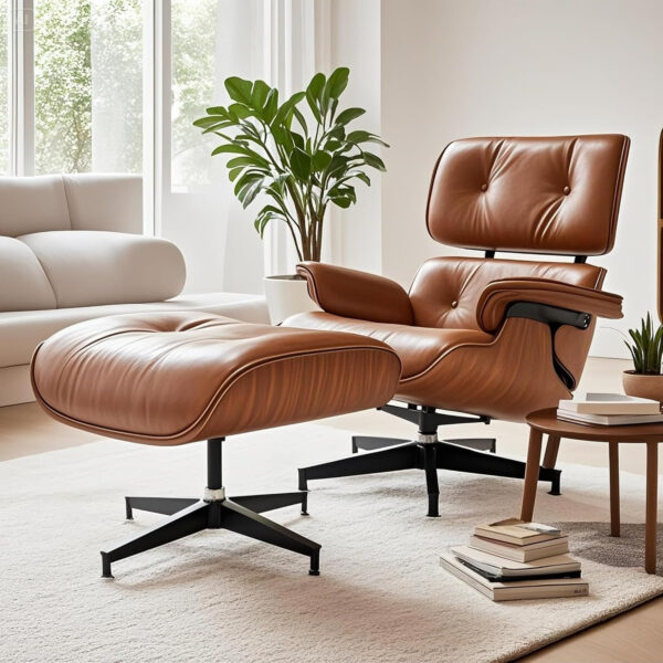 Lounge Chair with Ottoman, Mid Century Modern Office Chair, Leather Chaise Lounge Chair Indoor, Heavy Duty Base Support for Living Room Study Lounge Office (Walnut Brown, Tall)