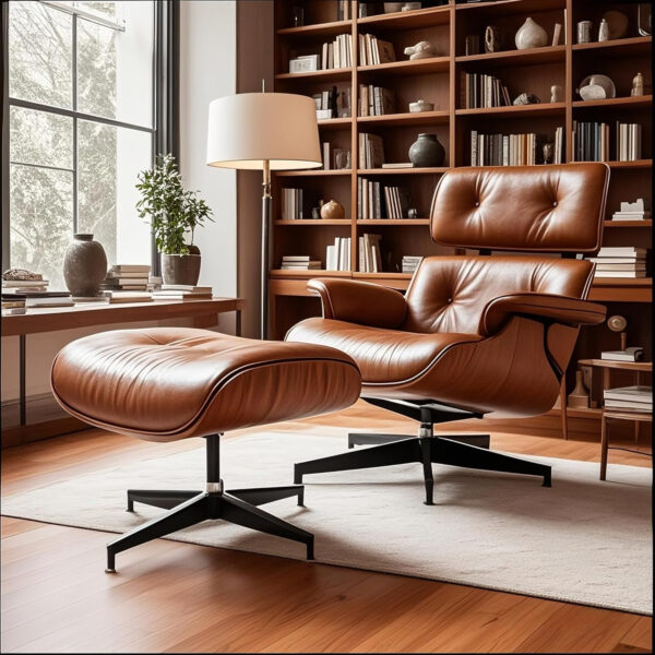 Lounge Chair with Ottoman, Mid Century Modern Office Chair, Leather Chaise Lounge Chair Indoor, Heavy Duty Base Support for Living Room Study Lounge Office (Walnut Brown, Tall)