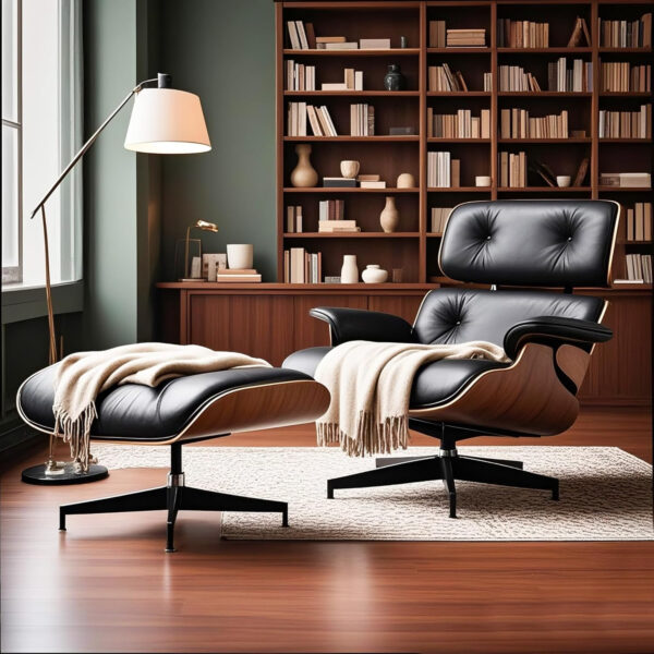 Lounge Chair with Ottoman, Mid Century Modern Office Chair, Leather Chaise Lounge Chair Indoor, Heavy Duty Base Support for Living Room Study Lounge Office (Walnut Brown, Tall)