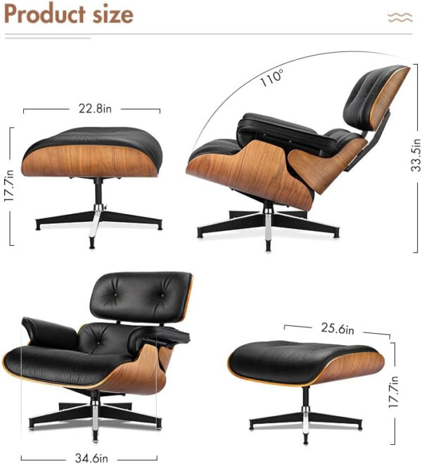 Lounge Chair with Ottoman, Mid Century Modern Office Chair, Leather Chaise Lounge Chair Indoor, Heavy Duty Base Support for Living Room Study Lounge Office (Walnut Brown, Tall)