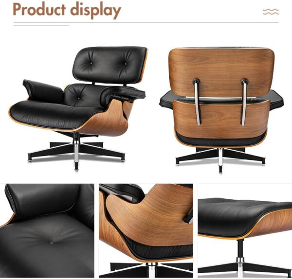 Lounge Chair with Ottoman, Mid Century Modern Office Chair, Leather Chaise Lounge Chair Indoor, Heavy Duty Base Support for Living Room Study Lounge Office (Walnut Brown, Tall)