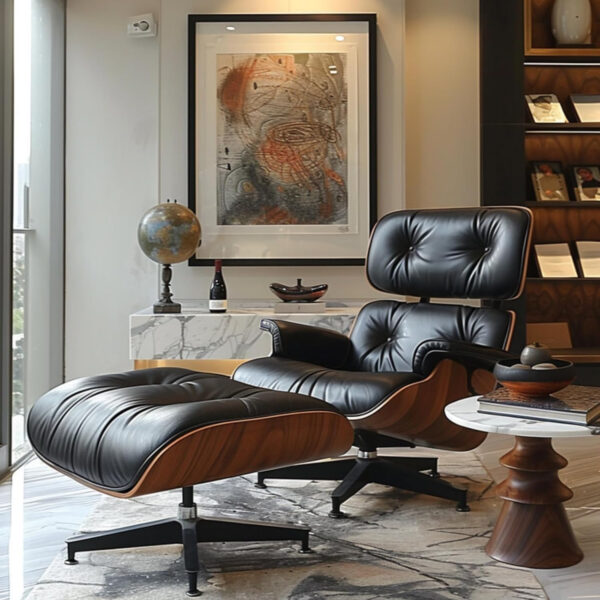 Lounge Chair with Ottoman, Mid Century Modern Office Chair, Leather Chaise Lounge Chair Indoor, Heavy Duty Base Support for Living Room Study Lounge Office (Walnut Brown, Tall)