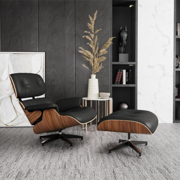 Lounge Chair with Ottoman, Mid Century Modern Office Chair, Leather Chaise Lounge Chair Indoor, Heavy Duty Base Support for Living Room Study Lounge Office (Walnut Brown, Tall)