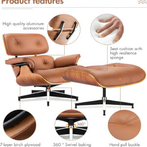 Top Grain Leather, Mid Century Chaise Lounge Chair and Ottoman, Modern Chair Classic Design, Heavy Duty Base Support for Living Room Study Lounge Office, Walnut-Brown