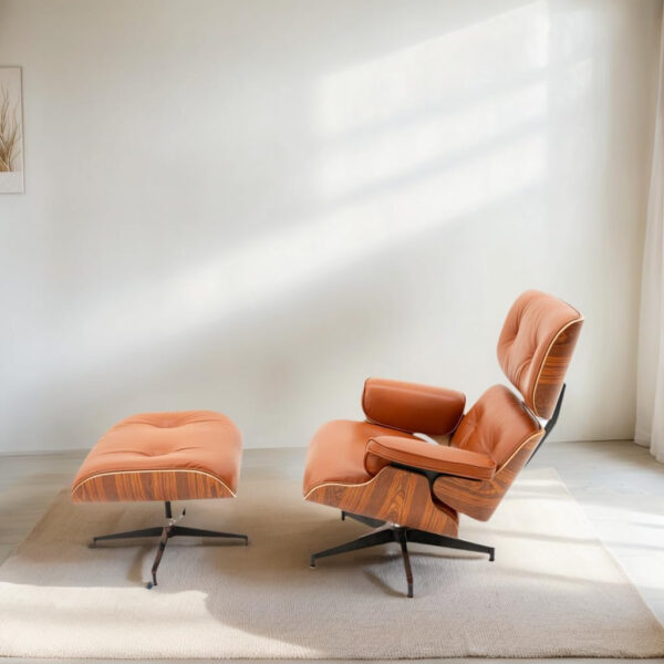 Top Grain Leather, Mid Century Chaise Lounge Chair and Ottoman, Modern Chair Classic Design, Heavy Duty Base Support for Living Room Study Lounge Office, Walnut-Brown