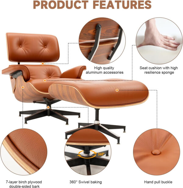 Top Grain Leather, Mid Century Chaise Lounge Chair and Ottoman, Modern Chair Classic Design, Heavy Duty Base Support for Living Room Study Lounge Office, Walnut-Brown