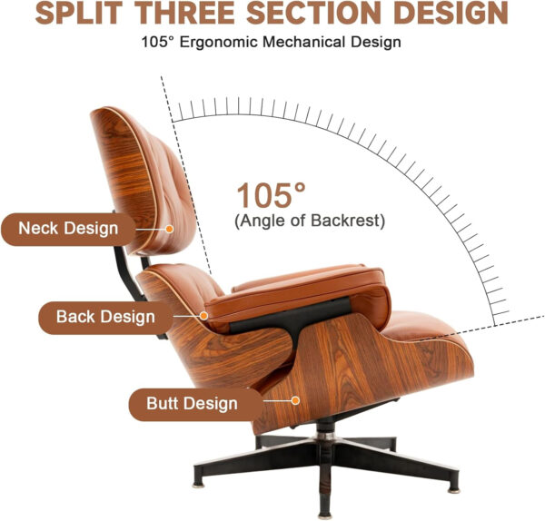 Top Grain Leather, Mid Century Chaise Lounge Chair and Ottoman, Modern Chair Classic Design, Heavy Duty Base Support for Living Room Study Lounge Office, Walnut-Brown