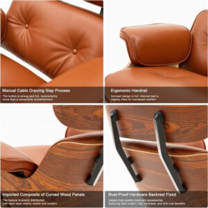 Top Grain Leather, Mid Century Chaise Lounge Chair and Ottoman, Modern Chair Classic Design, Heavy Duty Base Support for Living Room Study Lounge Office, Walnut-Brown