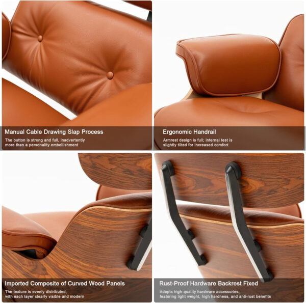 Top Grain Leather, Mid Century Chaise Lounge Chair and Ottoman, Modern Chair Classic Design, Heavy Duty Base Support for Living Room Study Lounge Office, Walnut-Brown